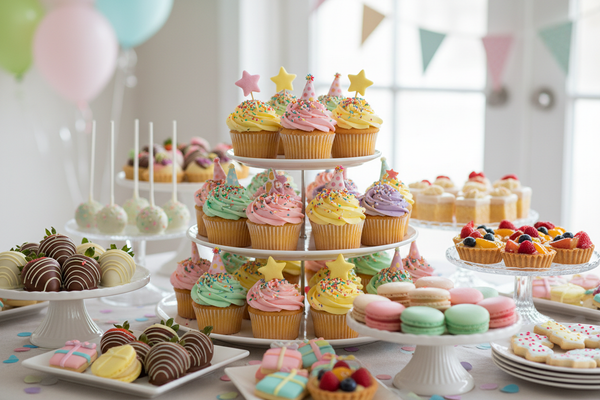 create me a photo of delicious looking cupcakes and treats used for a party